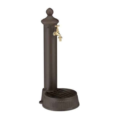 Relaxdays Standbrunnen antik, mit Wasserhahn & Becken, HxBxT: 65 x 25 x 30 cm, Wasserzapfsäule Garten, Terrasse, braun