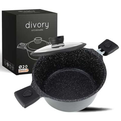 DIVORY Großer Kochtopf 20cm – 3L Topf groß mit Deckel, Gemüsetopf Induktion, Suppentopf mit abnehmbaren Griffen, Fleischtopf hoch Schwarz