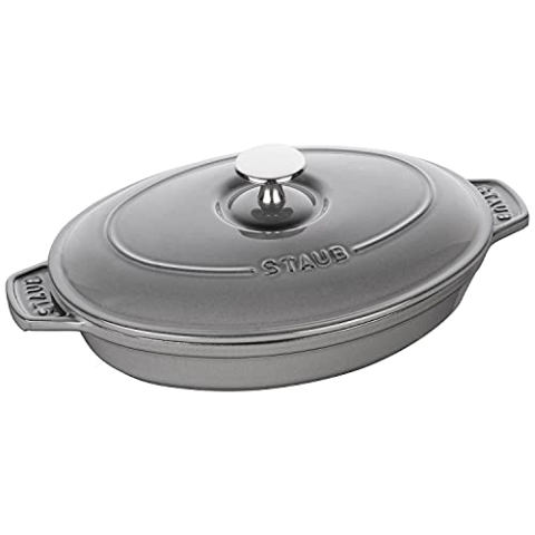STAUB Ofenform/Servierplatte/Auflaufform mit Deckel, oval, 23 cm, 1 l, aus Gusseisen, Für alle Herdarten inkl. Induktion & Backofen, Graphitgrau