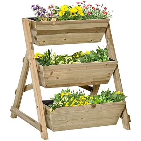 Outsunny Hochbeet Blumentreppe Holz Blumenleiter mit 3 Ablagen Pflanzentreppe Pflanzregal Pflanzenständer Blumenregal Blumenständer Natur 71 x 61 x 77 cm