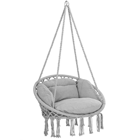 DETEX® Hängesessel bis 150kg Belastbar Boho Stil Wetterfest Garten 360° Drehbar Grau Hängestuhl Indoor & Outdoor inkl. bequemer Kissen