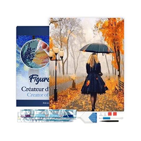 Figured'Art Diamond Painting Erwachsene 40x50cm Mit Rahmen Ganze Leinwand gespannt Frau im Regen 5D Bilder Eckige Steine - DIY Set Basteln