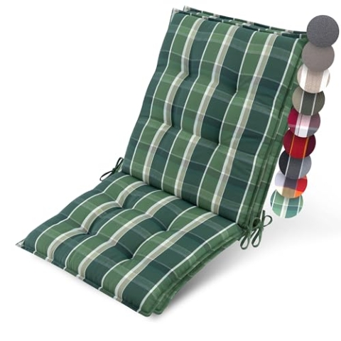 Beautissu 2er Set Premium Niedriglehner Auflage Gartenstuhl 100x50cm Sun-NL – 8cm Dick Polster Gartenstuhlauflage rutschfest Befestigungsbänder UV-Lichtechtheit 5 – Robust Stoff Grün kariert