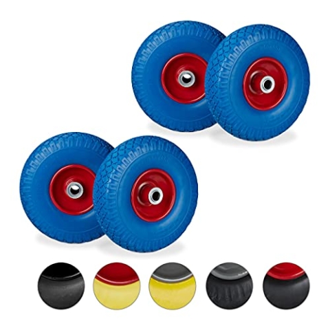Relaxdays 4 x Sackkarrenrad, pannensichere Vollgummireifen, 3.00-4" Stahlfelge, 20 mm Achse, 100kg, Ersatzrad 260 x 85mm, blau-rot
