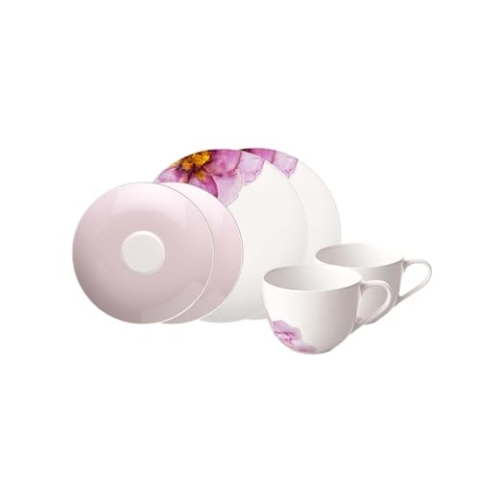 Villeroy & Boch – Rose Garden Kaffee-Service Set 6 teilig für 2 Personen Blumig, Spülmaschinenfest, Mikrowellensicher, Rosa Kaffeegeschirr, Frühstückstellern, Tassen, Untertassen, Premium Porzellan