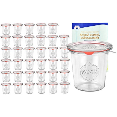 MamboCat 36er Set Weck Gläser 580ml 1/2 Liter Sturzgläser mit 36 Glasdeckeln, 36 Einkochringen und 72 Klammern inkl. Diamant-Zucker Gelierzauber Rezeptheft I Original Weck Sturzgläser
