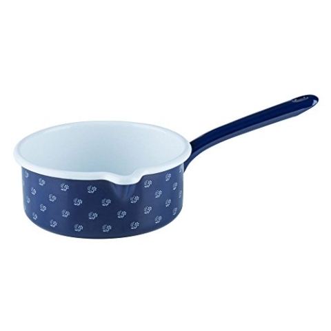 Riess, 0037-074, Stielkasserolle mit großem Ausguss 16, COUNTRY - DIRNDL, Durchmesser 16 cm, Höhe 7.0 cm, Inhalt 1.0 Liter, Emaille, dirndlblau, blau/weiß, Induktion
