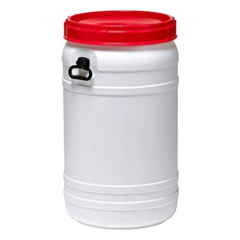 Curtec HDPE Superweithalsfass 110l, XL-Einfüllöffnung, mit roten Schraubdeckel, stapelbar, wasserdicht, naturweiß