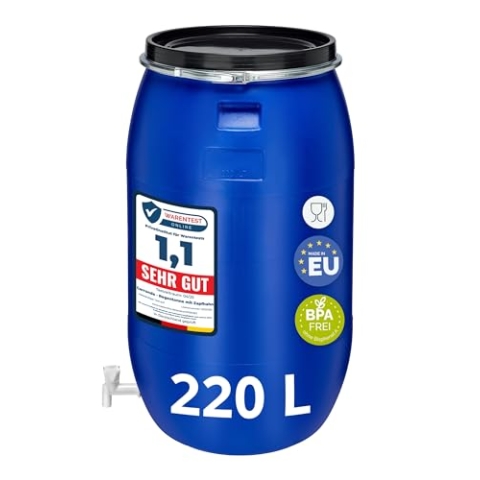 Garronda 220 Liter Regentonne mit Deckel mit Hahn Weithalsfass aus HDPE Regenfass für Garten Fass Regenwassertonne Futtertonne Wasserbehälter Universalfass Wasserfass Regentonnen Wassertank GD-0091
