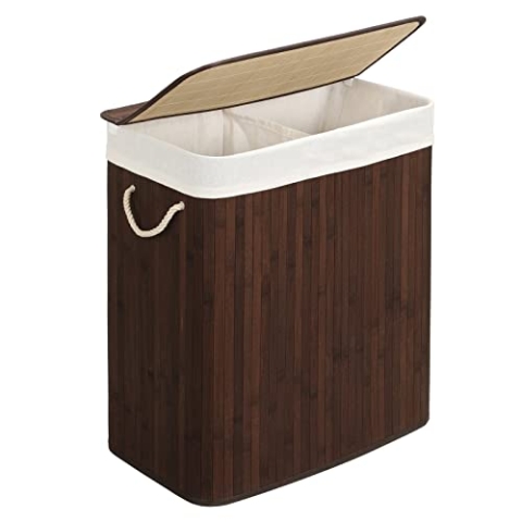 SONGMICS Wäschekorb 2 Fächer, 100 L Wäschesammler mit Deckel, Wäschebox Bambus, mit Griffen, faltbar, Wäschesack herausnehmbar maschinenwaschbar, Waschküche, braun LCB72Z