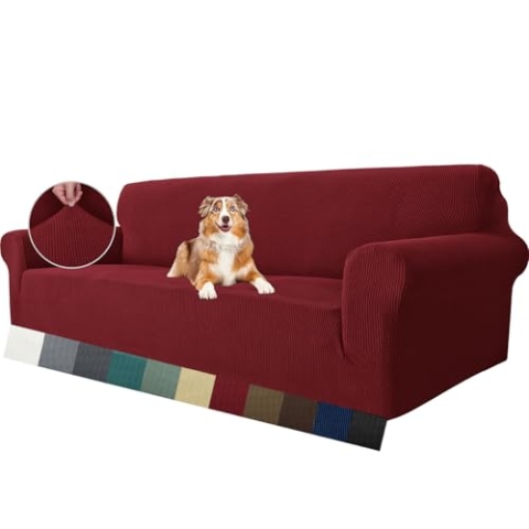 MAXIJIN Super Stretch Couch Bezug für 4-Sitzer Couch, extra große universelle Sofabezüge Jacquard Spandex Pet Dog Möbel Protector Fitted Couch Schonbezug (4 Sitzer, Weinrot)