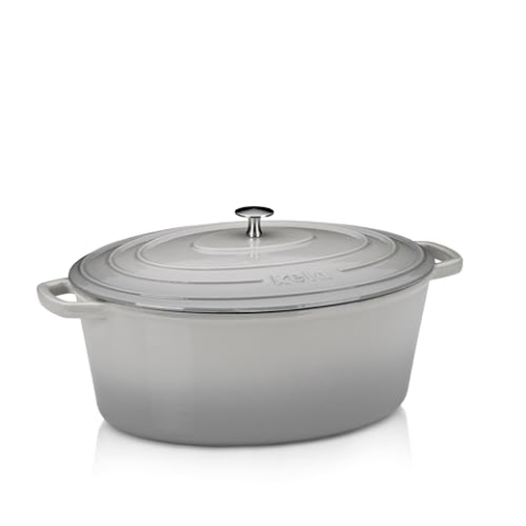 kela Bräter Gusseisen oval 9,3 Liter, Dutch Oven CALIDO, Induktion Gussbräter mit Deckel backofengeeignet, Gusseisen Topf emailliert, hellgrau, Grau, hellgaru