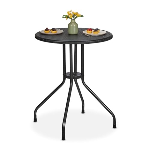 Relaxdays Gartentisch, H x D: 73 x 60 cm, Rattanoptik, Kunststoff & Stahl, Outdoor Esstisch, runder Balkontisch, schwarz