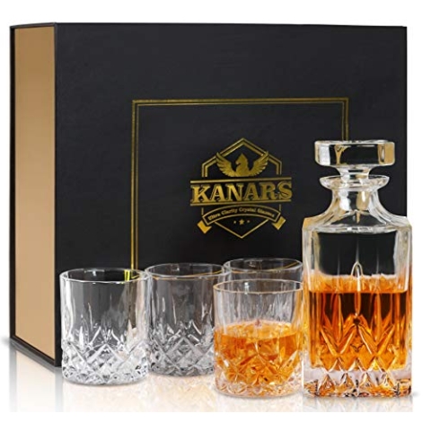 KANARS 5 Teiliges Whisky Karaffe und Gläser Set, Bleifrei Kristallgläser, 750 ml Whiskey Dekanter mit 4x 300 ml Gläser für Scotch, Cognac, Martini, Whisky, Schöne Geschenkbox