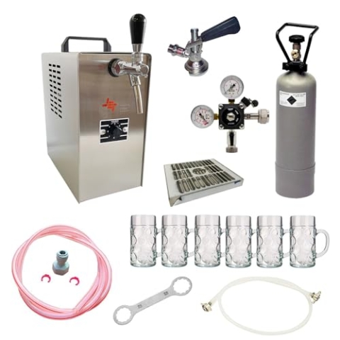 ich-zapfe Komplett Set - Zapfanlage Jet 30 Bierkoffer, Durchlaufkühler 1-leitig Trockenkühler, bis zu 35 Liter/h, inkl. Biergläser ISAR 0,3 Liter 6 STK., Zapfkopf:Flach