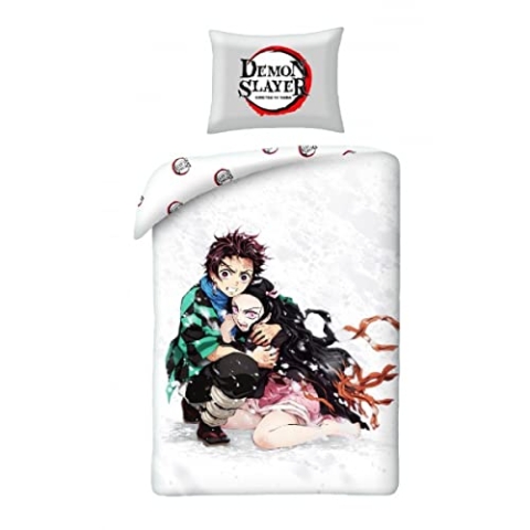 Demon SLAYER Kamado und Nezuko Bettwäsche-Set 2 Figuren - 2 Stück Bettbezug 140 x 200 cm + Kissenbezug 70 x 90 cm - Mehrfarbig - 100 % Baumwolle