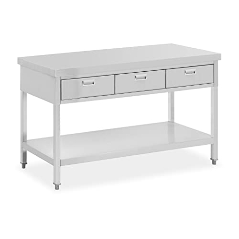 Royal Catering Edelstahltisch mit 3 Schubladen 150 x 60 cm 400 kg Edelstahl Arbeitstisch mit Grundboden
