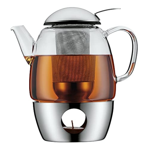 WMF SmarTea Teekanne mit Stövchen Set 3-teilig, Cromargan Edelstahl, Glaskanne 1l mit Siebeinsatz und Stövchen, spülmaschinegeeignet