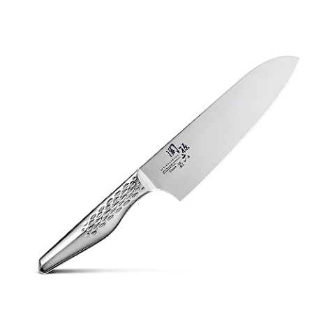 KAI Seki Magoroku Shoso Santoku 16,5 cm Klingenlänge - 5CR15MoV Edelstahl 56 (±1) HRC - konvexer Anschliff - 18-8 Edelstahl Griff mit Rautenmuster - japanisches Kochmesser - Made in Japan