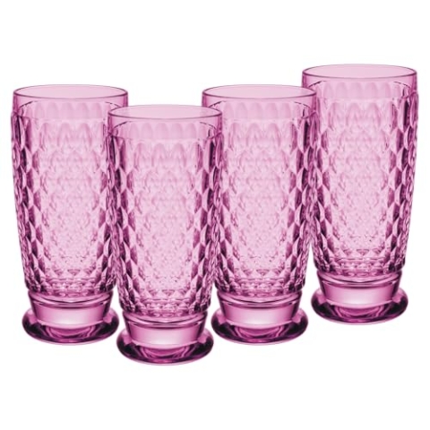 Villeroy & Boch Boston Berry Longdrinkgläser 4er Set, 400 ml, Farbige Trinkgläser mit Facettenmuster, Kristallglas für Cocktails, Spülmaschinengeeignet, Rosa