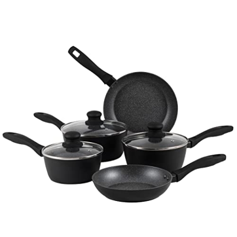 Russell Hobbs RH02814EU7 Metallic Marble Kochpfannen-Set - Antihaft-Küchengeschirr, 20/24-cm-Pfannen, 16/18/20-cm-Töpfe, Deckel aus gehärtetem Glas mit Dampfschlitzen, Induktionskochfeld geeignet