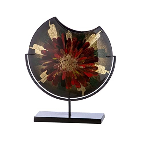 Glas Art runde Vase Dekovase auf Metallfuß - Deko Wohnzimmer - Geschenk für Frauen Geburtstag - handbemalt Farbe: grün rot Gold - Höhe 37 cm