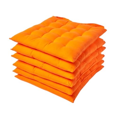 Homescapes 6er Set Stuhlkissen 40 x 40 cm, orange, Sitzkissen mit Bändern und Knopfverschluss, einfarbige Auflagen für Stühle mit Bezug aus 100% Baumwolle und weicher Polyester-Füllung