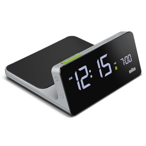 Braun Digitaler Wecker mit VA-LCD-Display, 10 W Qi kabelloses Schnelllade-Pad, automatischer Anpassung der Hintergrundbeleuchtung, Quick Set, Signaltonalarm, in Grau, Modell BC21GEU.