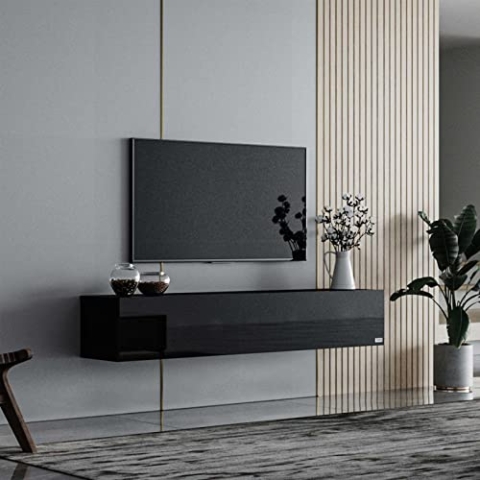 Makika TV Lowboard/Fernsehtisch - Board hängend stehend Hängeschrank Hängeboard - Fernsehtisch Wohnzimmer Holz Schrank Möbel Tisch Kommode Fernseher - Zwei Montagemöglichkeiten - Schwarz Hochglanz
