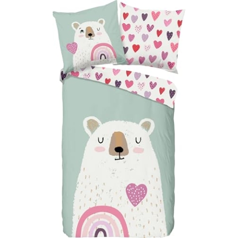 Good Morning Kinder-Wendebettwäsche Ted Flanell Mint Größe 135x200 cm (80x80 cm)