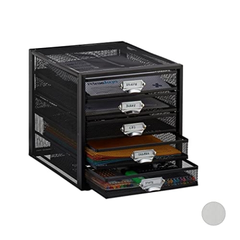 Relaxdays Schubladenbox, 5 Schubfächer, für Din A4 Dokumente, Ordnungssystem für Schreibtisch, Aktenablage, schwarz