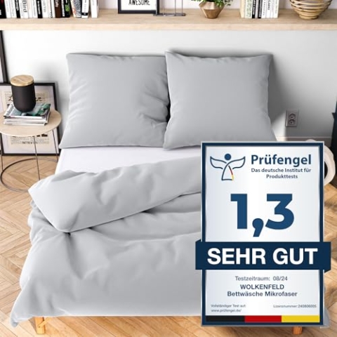 Wolkenfeld Bettwäsche 220x240 hell grau - kuschlig weich & bügelfrei - ÖKO-TEX Zertifiziert - 1x Bettbezug + 2X Kissenbezug 80x80 - Winter Bettwäsche