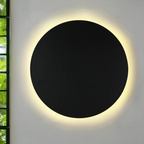 Wandlampe Metall rund Ø 40 cm Modern flach Schwarz indirektes Licht Wohnzimmer Flur Wandleuchte