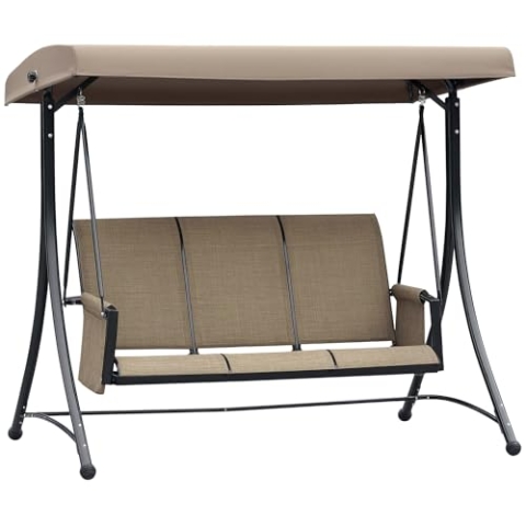Outsunny Hollywoodschaukel mit Seitentasche, 3-Sitzer Gartenschaukel mit verstellbarem Sonnendach, Schaukelbank belast bis 300kg, für Garten, Terrasse, 196 x 128 x 172 cm, Braun