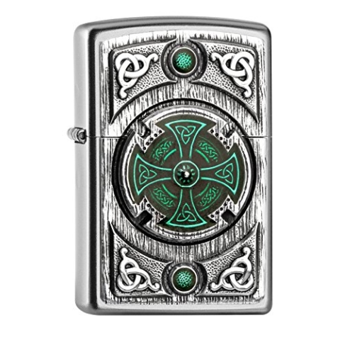 ZIPPO – Celtic Green Cross - Satin Chrome – Sturmfeuerzeug, nachfüllbar, in hochwertiger Geschenkbox