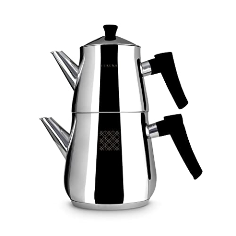Serenk Edelstahl-Teekannen-Set, 1L & 2L, Doppelstöckig, Induktionsgeeignet, Schwarzer Griff