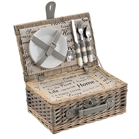 casa.pro Picknickkorb für 2 Personen - Picknick-Set mit Kühltasche inkl. Geschirr, Besteck, Korkenzieher und Gläser (grau)