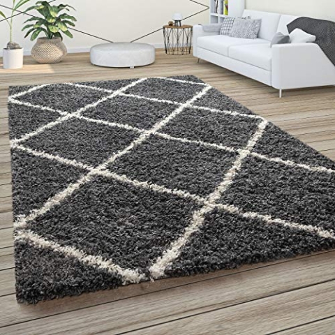 Paco Home Hochflor Teppich Wohnzimmer Schlafzimmer Shaggy Skandinavisch Rautenmuster, Grösse:200x280 cm, Farbe:Anthrazit