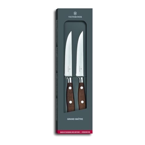 Victorinox Grand Maître, Profi Tranchier-Set, 2-teilig, Extra Scharfe Klinge, Wellenschliff, 12 cm, Edler Holzgriff, Rostfreier Stahl, braun