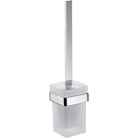 emco LOFT WC-Bürstengarnitur, Toilettenbürste mit Halterung und Griff aus Aluminium und Behälter aus Kristallglas, hochwertige WC-Bürste zur Wandmontage, chromfarben