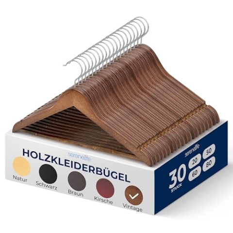 SereneLife Kleiderbügel Holz 30er Set, Bügel rutschfest & Platzsparend, Clothes Hangers mit Einkerbungen im Schulterbereich für Anzüge, Hemden und Krawatten, Robust bis 4,5 KG, 360° drehbarer Haken