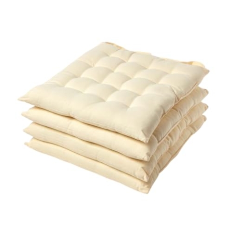 Homescapes 4er Set Stuhlkissen 40 x 40 cm, Creme, Sitzkissen mit Bändern und Knopfverschluss, einfarbige Auflagen für Stühle mit Bezug aus 100% Baumwolle und weicher Polyester-Füllung, cremeweiß