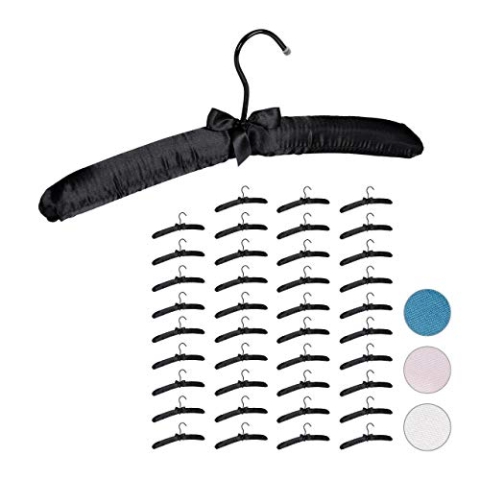 Relaxdays 40 x Kleiderbügel Satin, weich gepolstert, 360° drehbarer Haken, dekorative Schleife, Satinbügel, 38 cm breit, schwarz