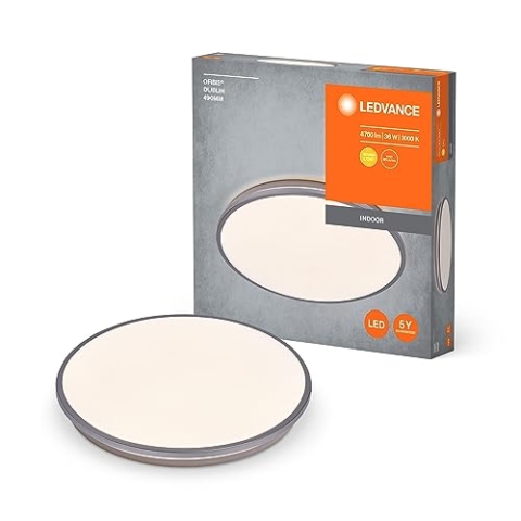 LEDVANCE ORBIS DUBLIN LED-Deckenleuchte 490mm, silber, 36W, 4150lm, warmweiße Lichtfarbe, sehr homogene Lichtverteilung, lange Lebensdauer, fest verbautes LED-Modul, rund, IP20 Schutzklasse, 3000K