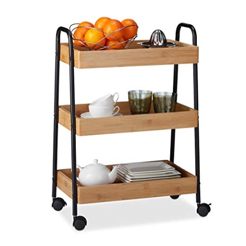 Relaxdays, Natur/schwarz Servierwagen Bambus, 3 Ablagen, 360° drehbare Rollen, mit Griffen, Stahlgestell, HBT 70x49x28cm, Holzwerkstoff