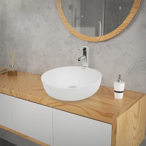ECD Germany Waschbecken Waschtisch 400 x 400 x 135 mm aus Keramik Rund Weiß - Aufsatzbecken Aufsatzwaschbecken Handwaschbecken Aufsatzwaschtisch Spülbecken Becken Wasserfall Waschschale Waschschüssel