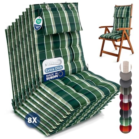Beautissu 8er Set Premium Hochlehner Auflage Kopfpolster 120x50cm Sun-HL – 8cm Dick Polster Gartenstuhlauflage rutschfest Befestigungsbänder UV-Lichtechtheit 5 – Robust Stoff Grün kariert