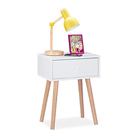 Relaxdays Nachttisch skandinavisch, Retro, Nachtschrank mit Schublade, HBT: 55x42x30cm, Beistelltisch Schlafzimmer, weiß, 1 Stück