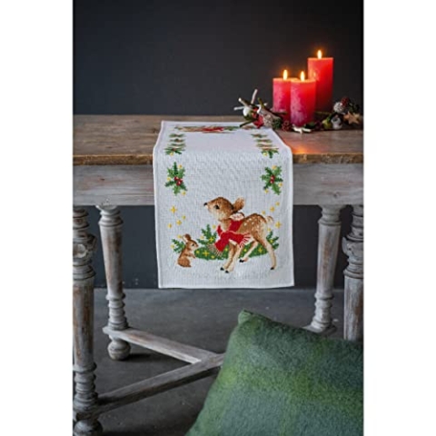 Vervaco Stickpackung Tischläufer Zählmusterpackung Kreuzstich Hirsche mit Kaninchen Stickläufer zum Selbersticken Stickset Weihnachten Kreativ Set für Erwachsene 32 x 84 cm Kreatives Geschenk