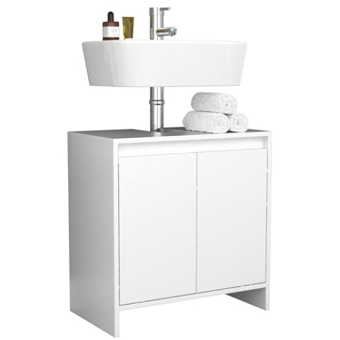 VCM Holz Waschbeckenunterschrank | Badschrank | Maße: H. 60 x B. 58 x T. 33 cm | 2 große Drehtüren ohne Griffe - Malira Weiß